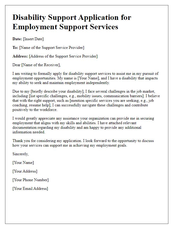 Letter template of disability support application for employment support services.