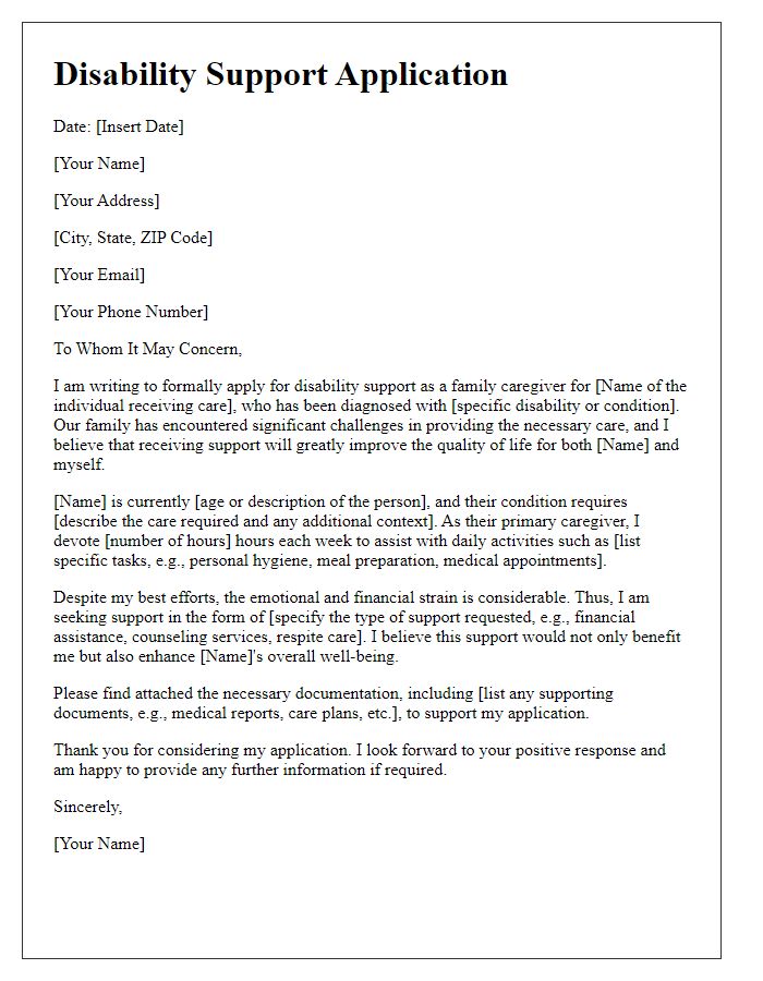 Letter template of disability support application for family caregiver support.