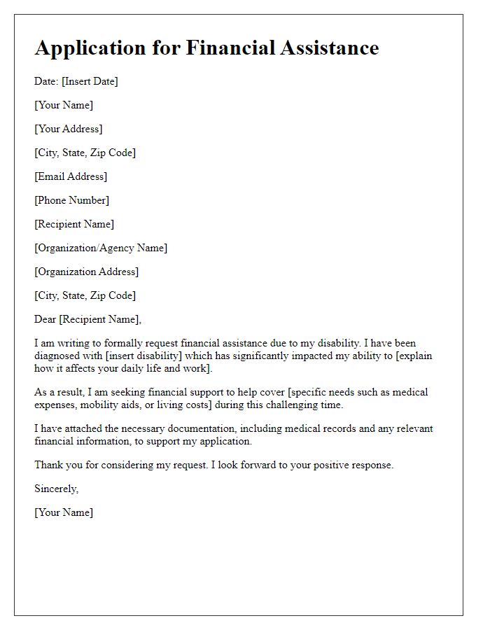 Letter template of disability support application for financial assistance.