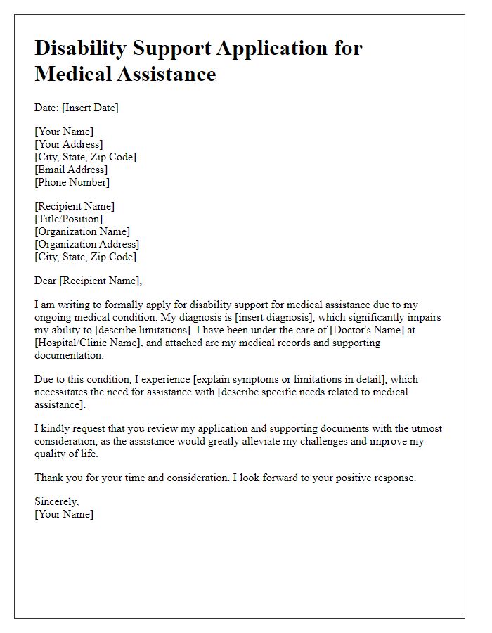 Letter template of disability support application for medical assistance.