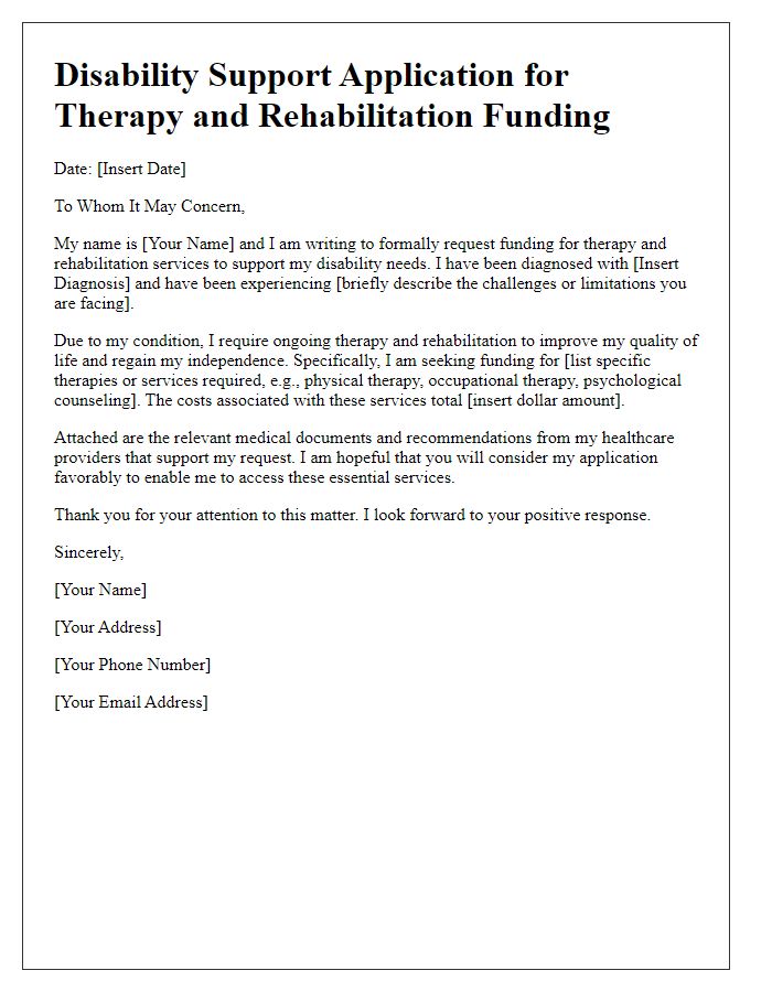 Letter template of disability support application for therapy and rehabilitation funding.