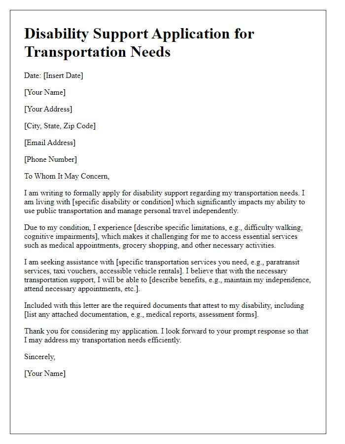 Letter template of disability support application for transportation needs.