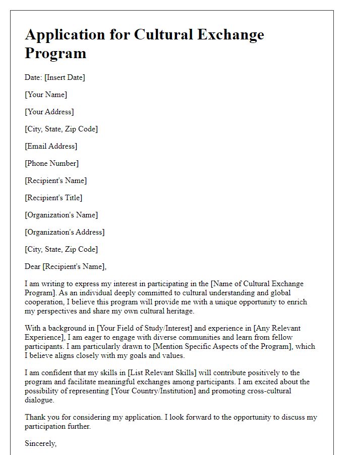 Letter template of application for cultural exchange program participation