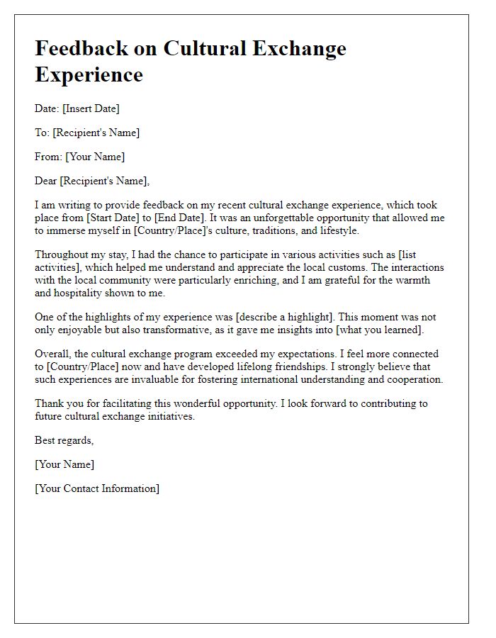 Letter template of feedback on cultural exchange experience