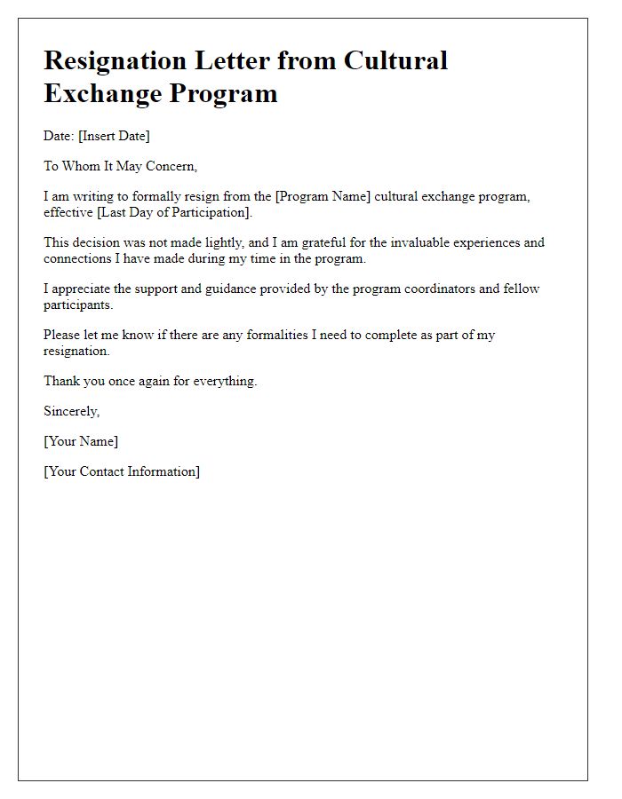 Letter template of resignation from cultural exchange program