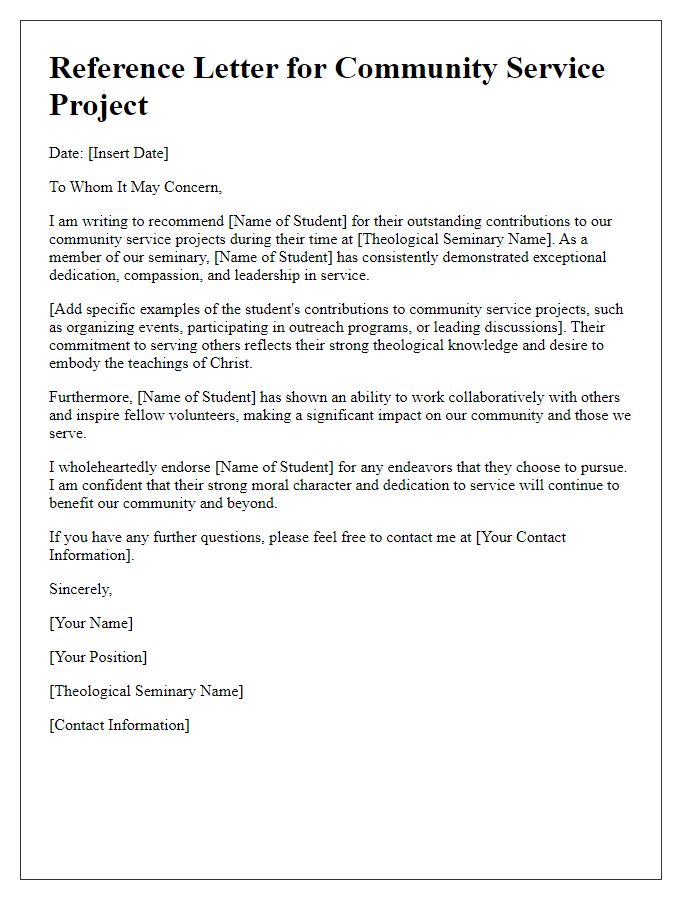 Letter template of theological seminary reference for community service projects