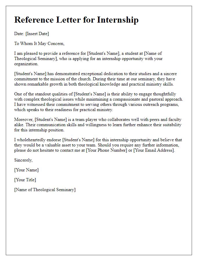 Letter template of theological seminary reference for internship opportunities