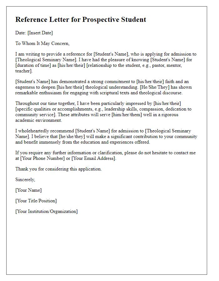 Letter template of theological seminary reference for prospective students