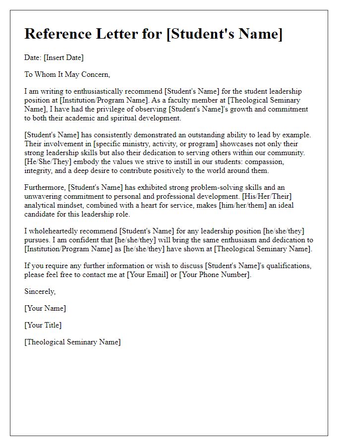 Letter template of theological seminary reference for student leadership positions