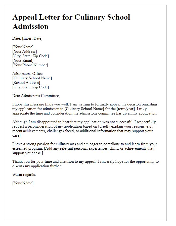 Letter template of appeal for culinary school admission decision