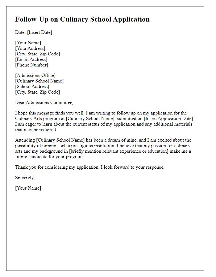 Letter template of follow-up on culinary school application status