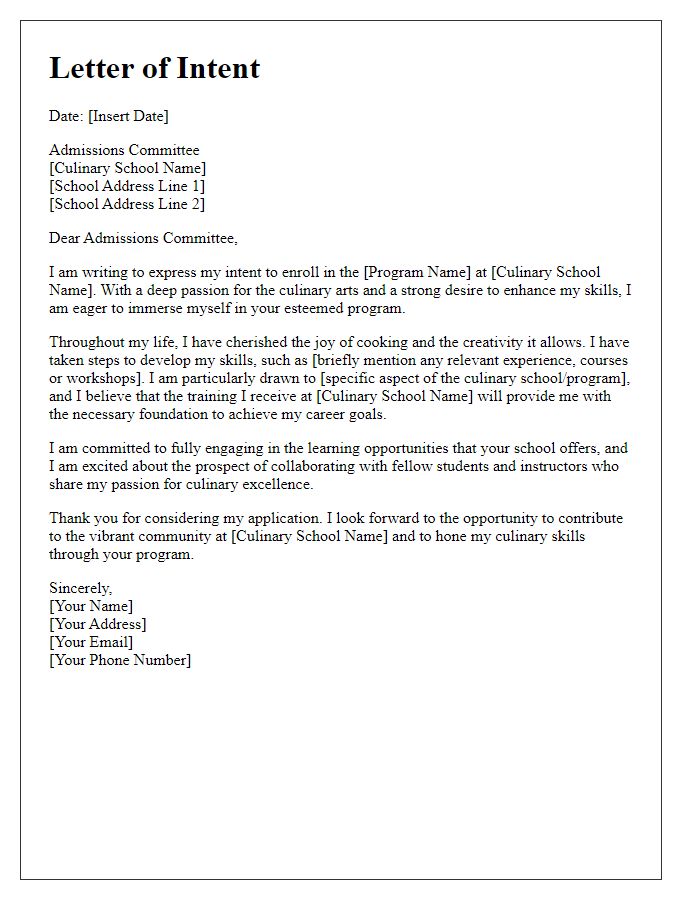 Letter template of intent for culinary school enrollment