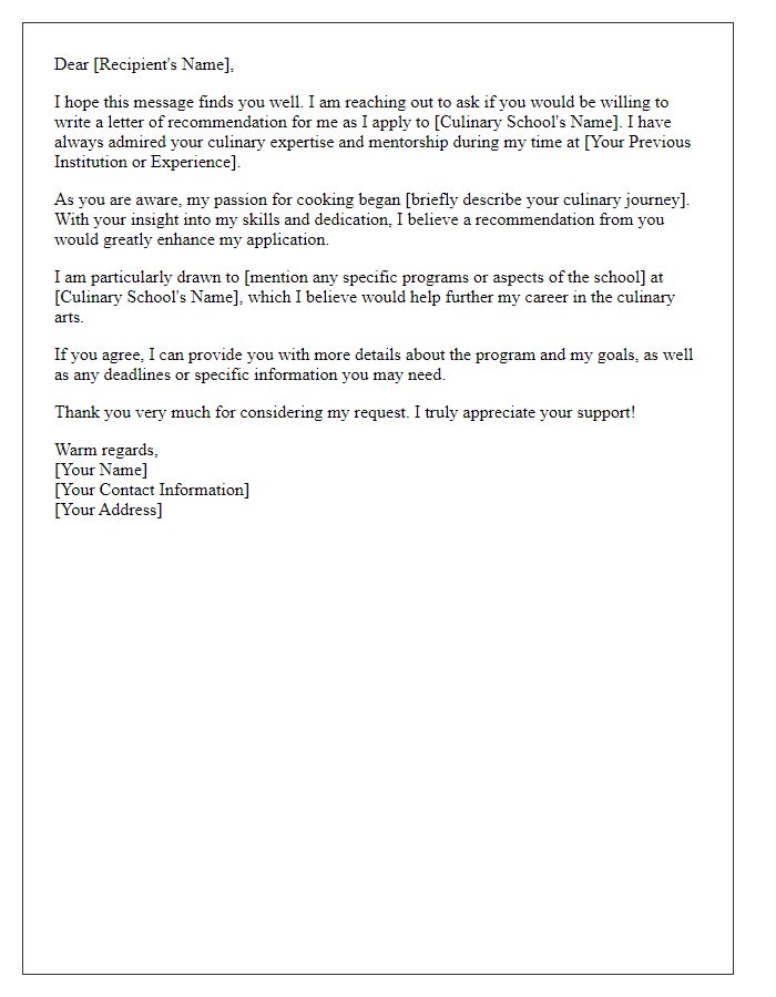 Letter template of recommendation request for culinary school