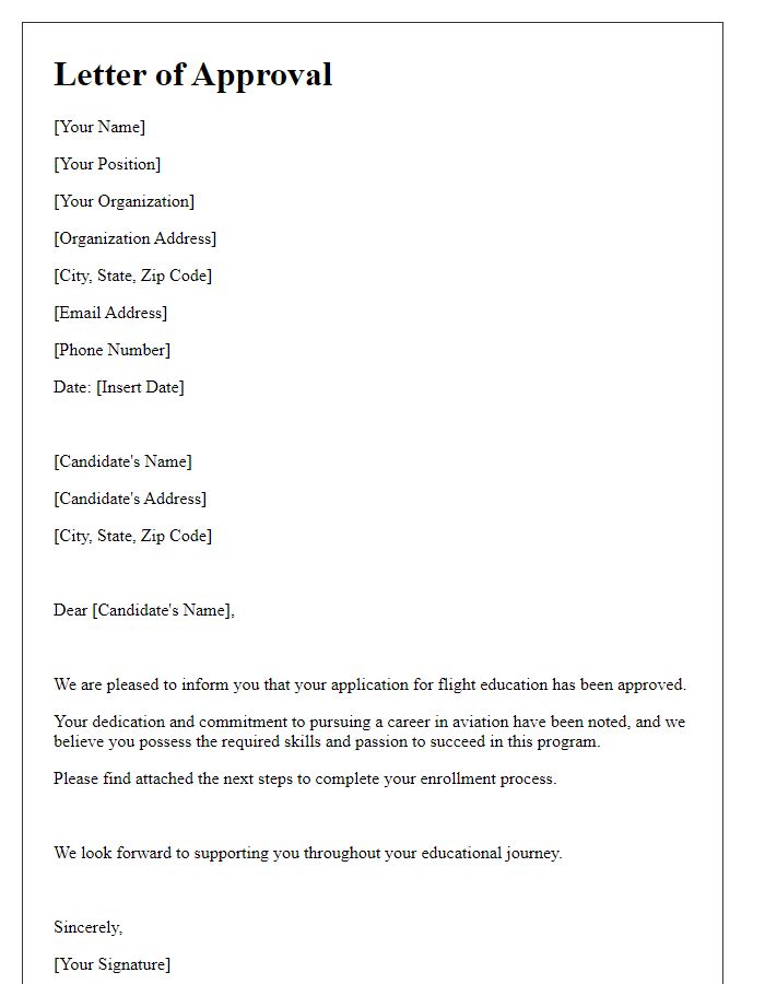 Letter template of approval for candidates seeking flight education