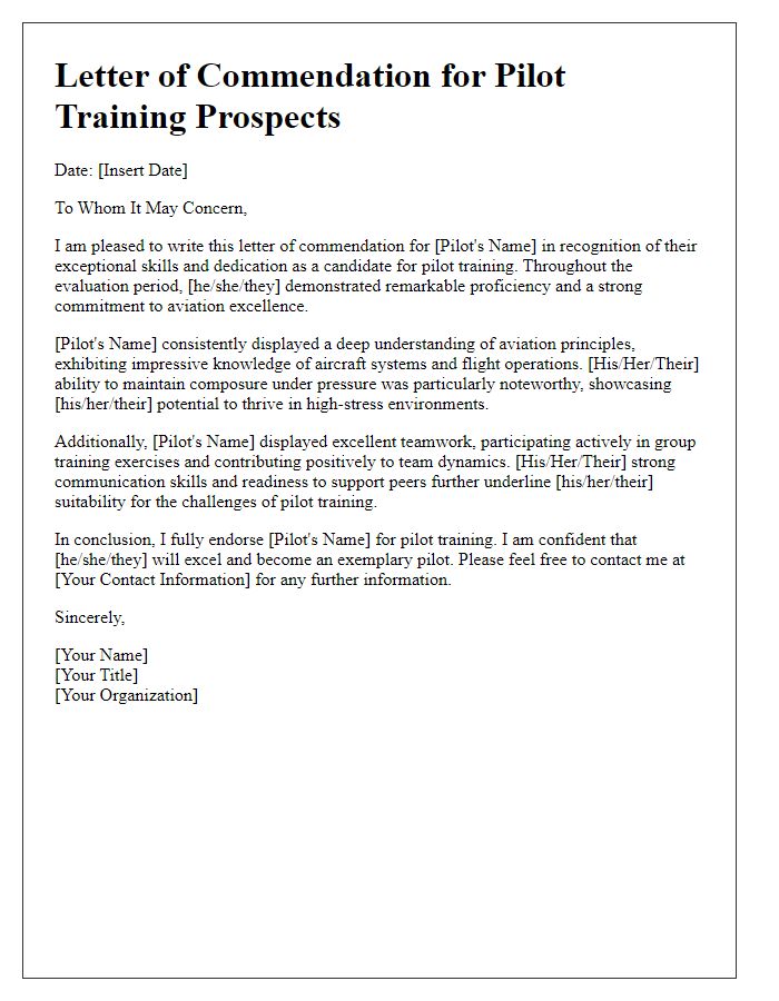 Letter template of commendation for pilot training prospects