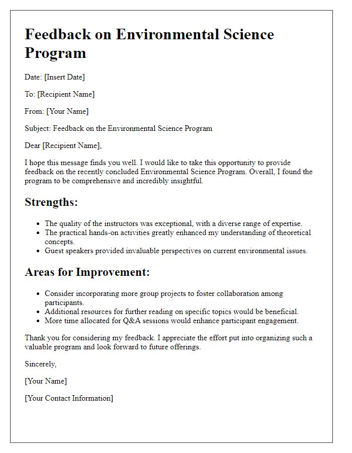 Letter template of feedback on environmental science program