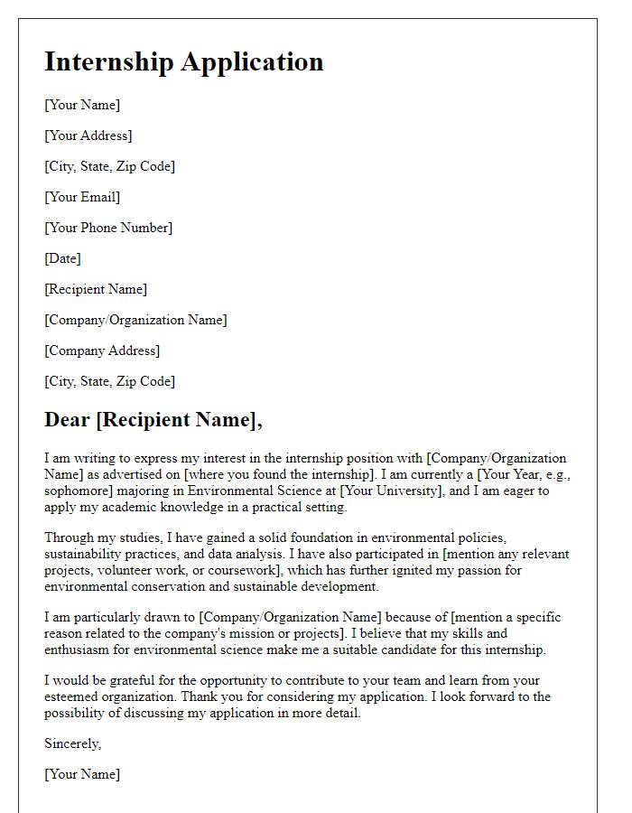 Letter template of internship application for environmental science program