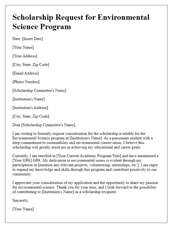 Letter template of request for scholarship in environmental science program