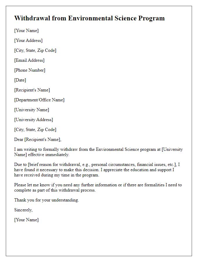 Letter template of withdrawal from environmental science program