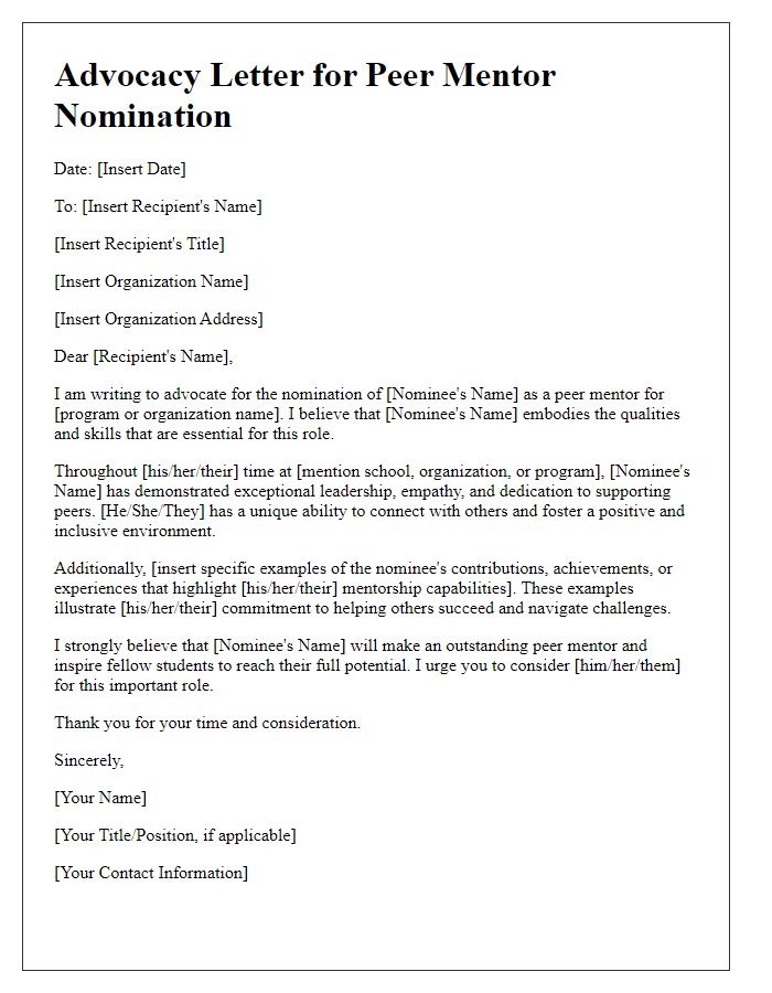 Letter template of advocacy for a peer mentor nomination.