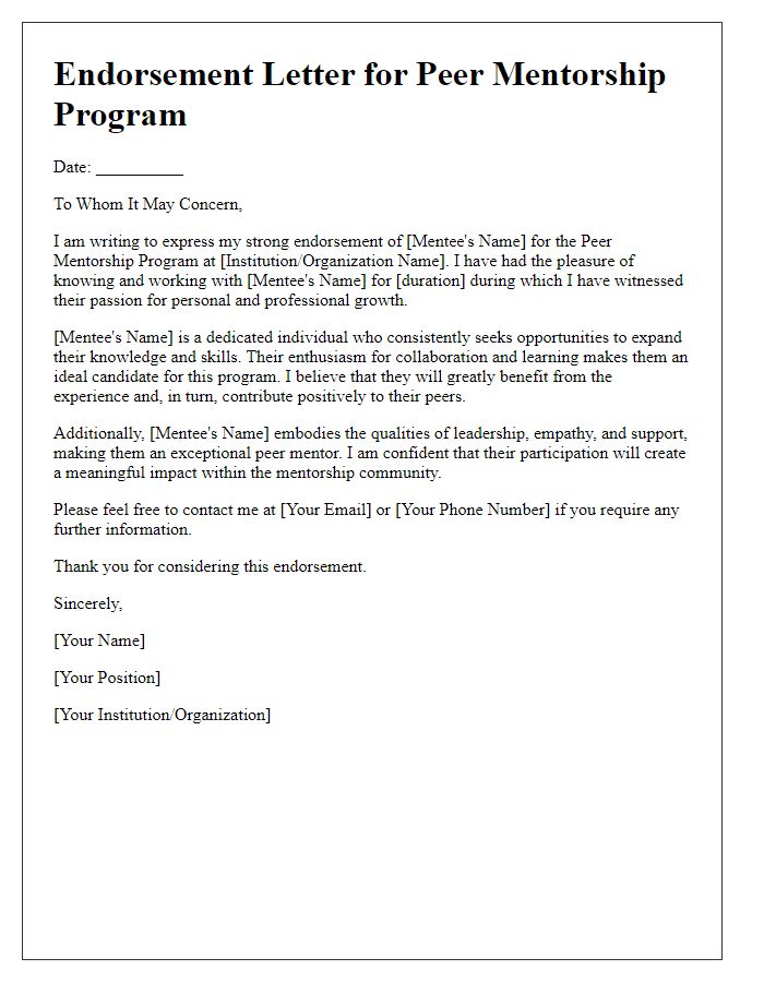 Letter template of endorsement for peer mentorship program.