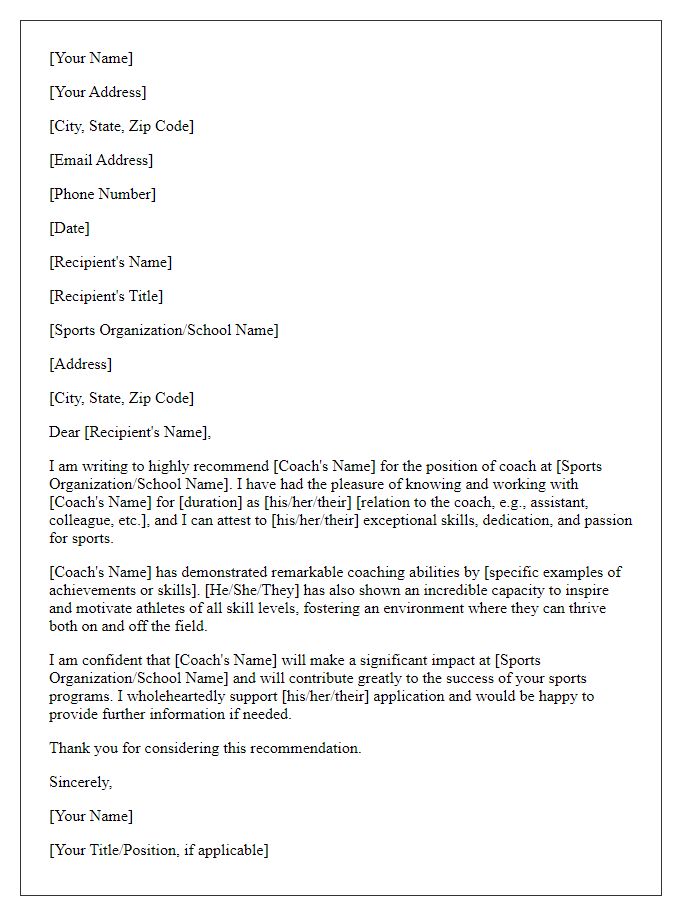 Letter template of recommendation for sports team coach position