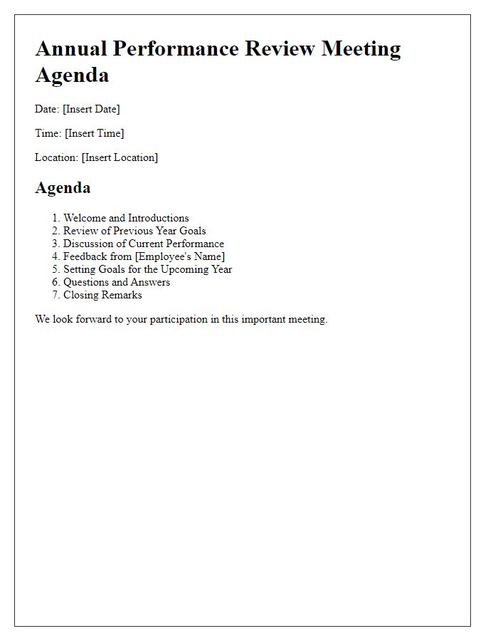 Letter template of annual performance review meeting agenda.