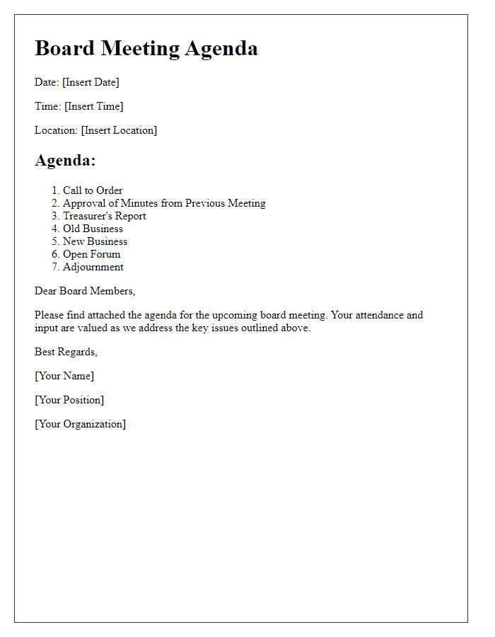 Letter template of board meeting agenda distribution.