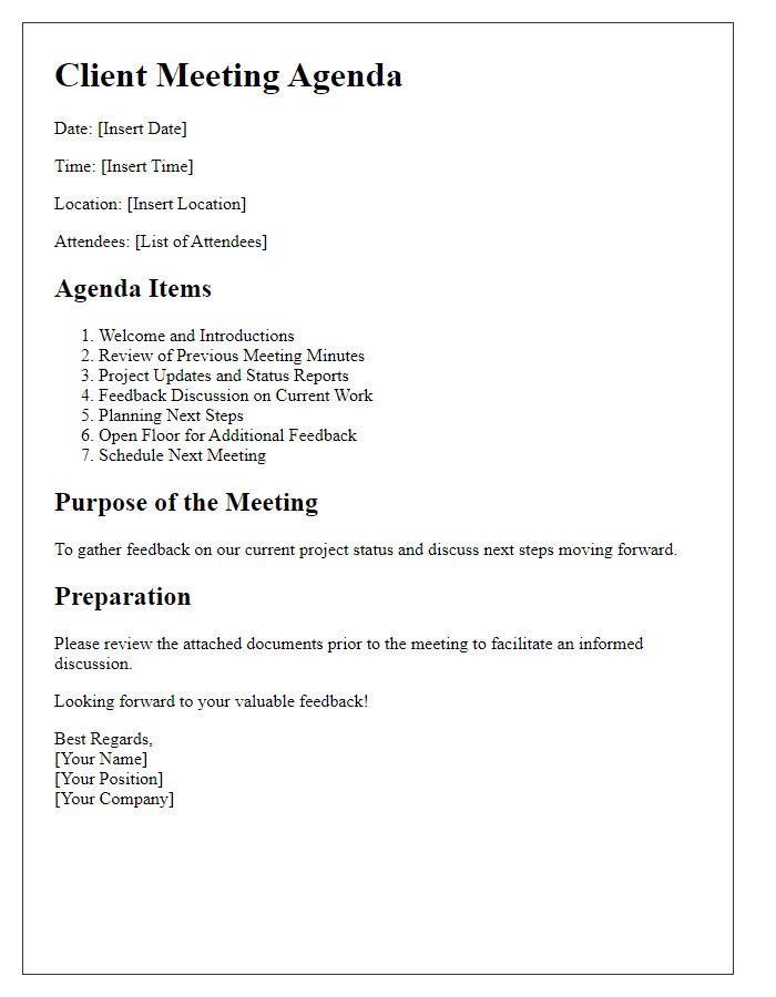 Letter template of client meeting agenda for feedback.