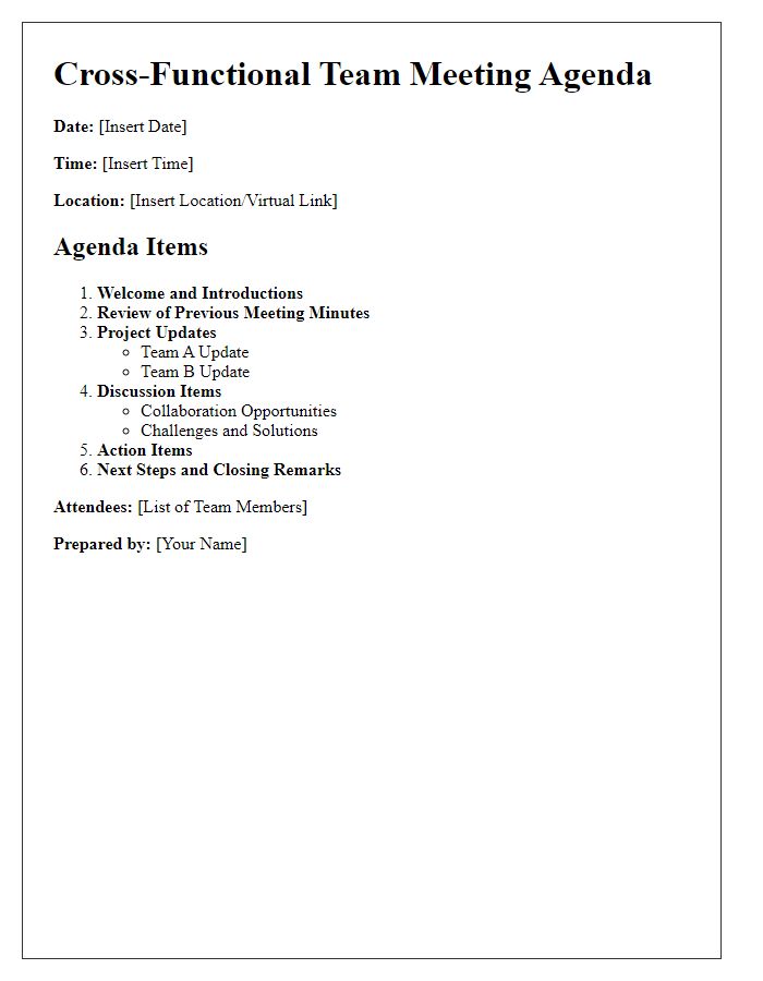 Letter template of cross-functional team meeting agenda.