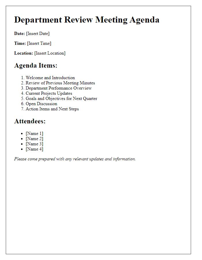 Letter template of meeting agenda for department review.