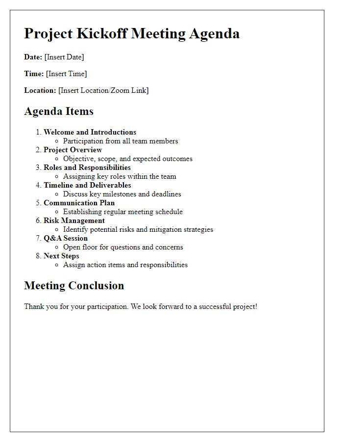 Letter template of project kickoff meeting agenda.