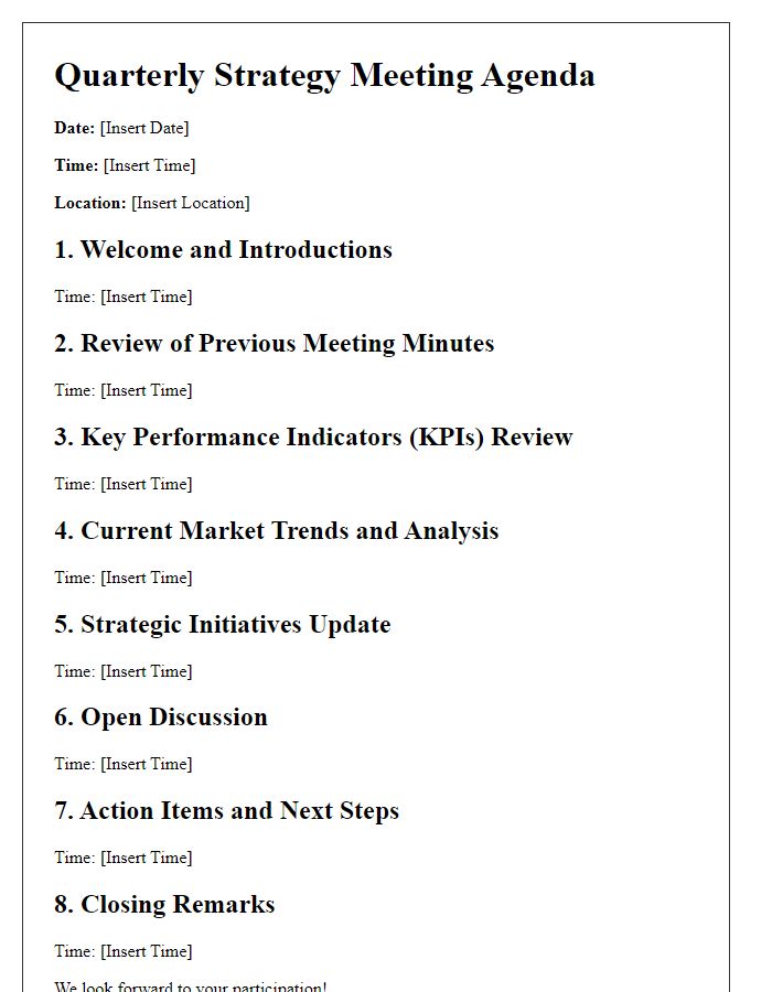 Letter template of quarterly strategy meeting agenda.