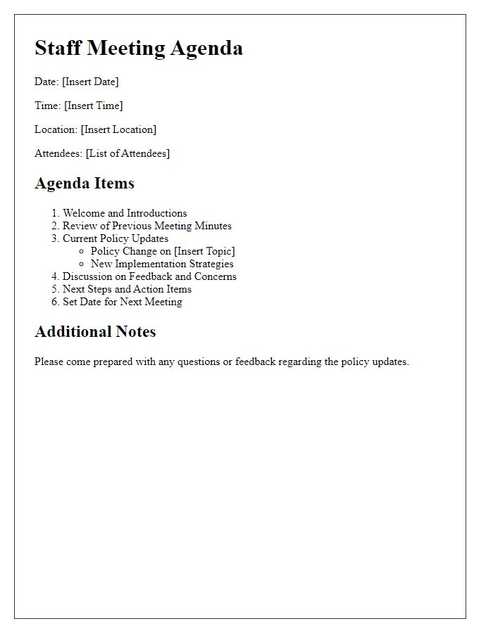 Letter template of staff meeting agenda for policy updates.