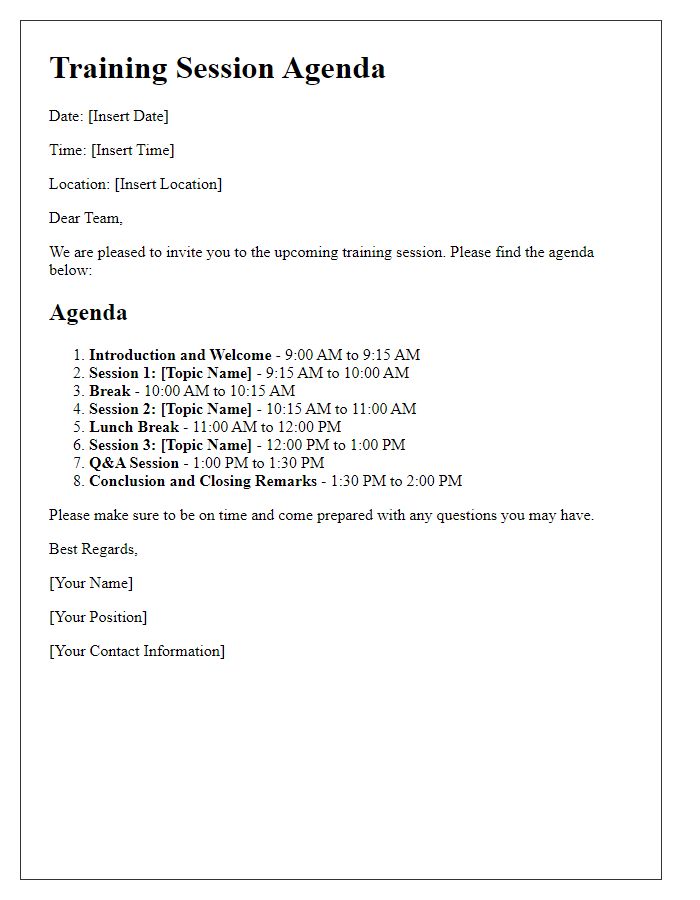 Letter template of training session agenda for employees.