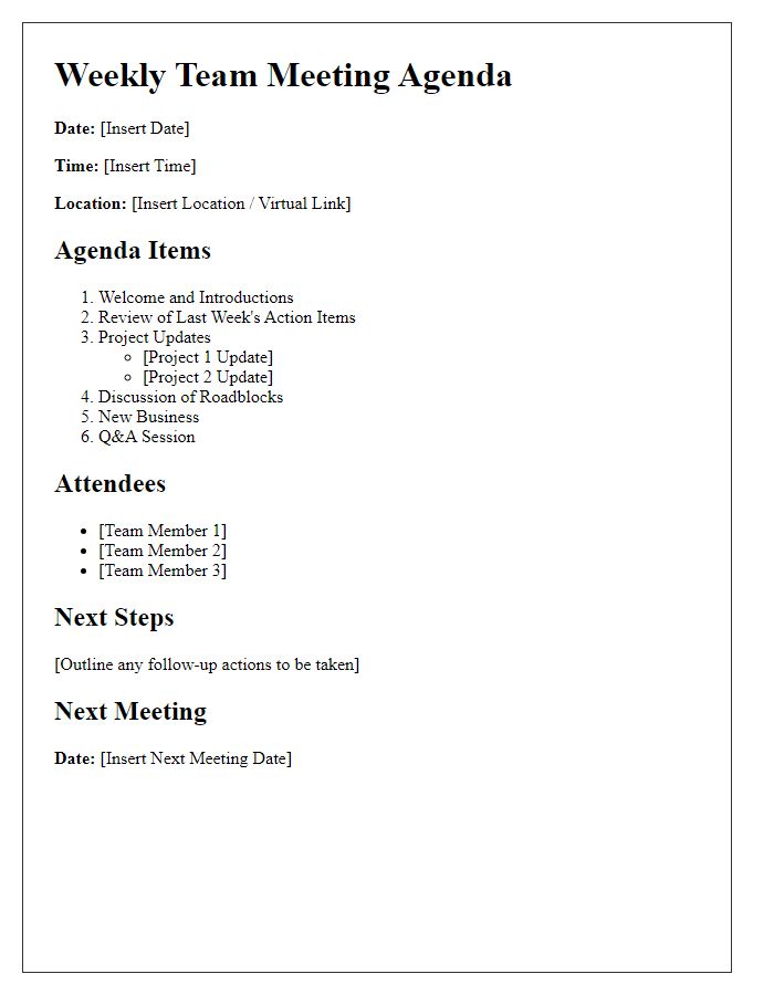 Letter template of weekly team meeting agenda.