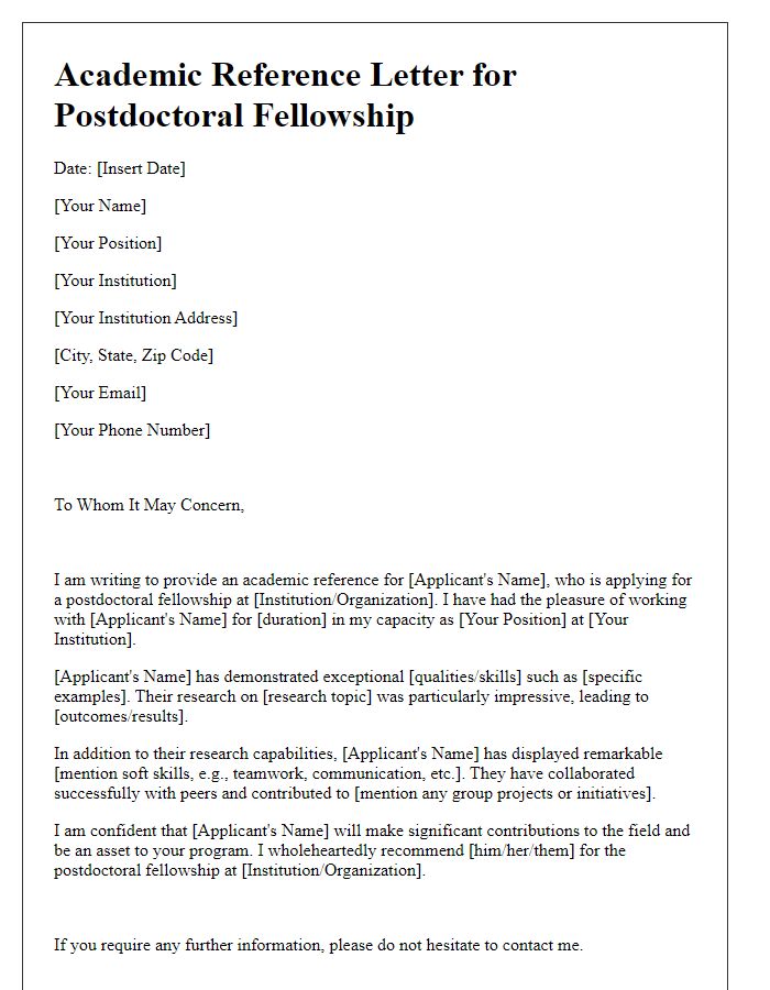 Letter template of academic reference for postdoc fellow