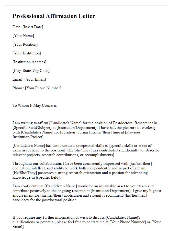 Letter template of professional affirmation for postdoctoral candidate