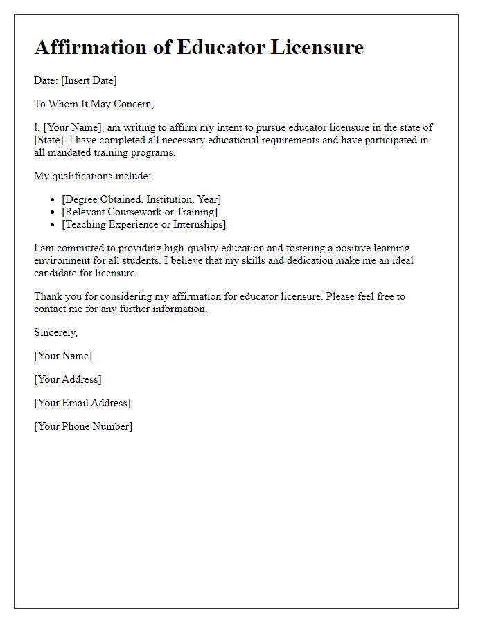 Letter template of affirmation for educator licensure.