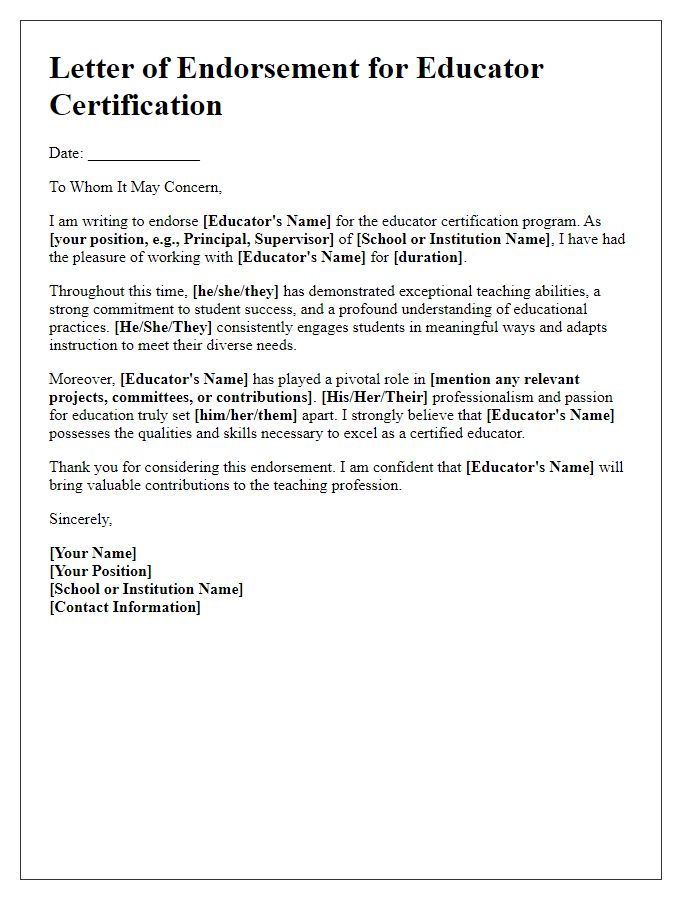 Letter template of endorsement for educator certification.