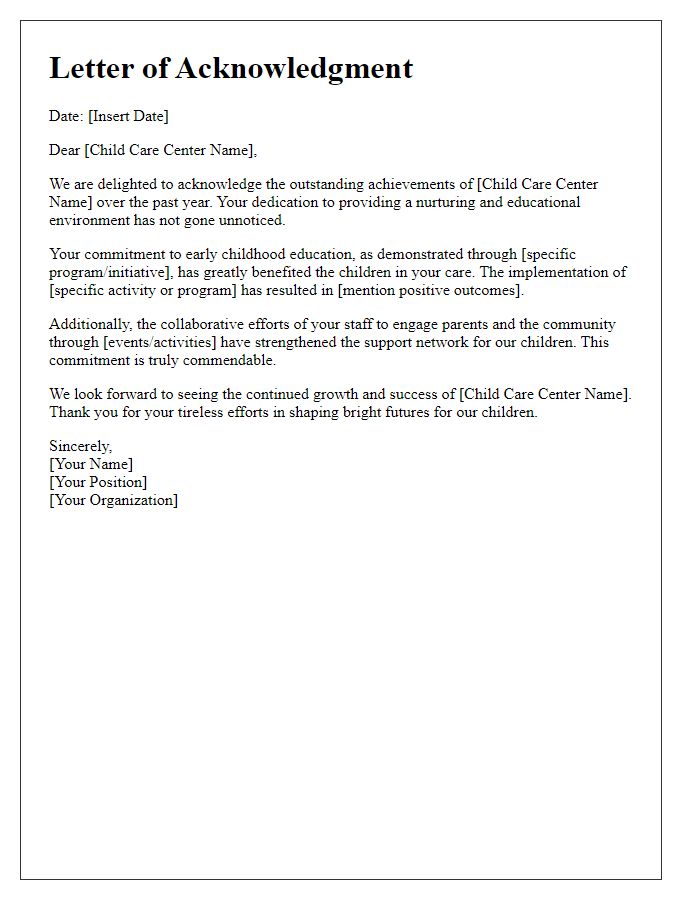 Letter template of acknowledgment for child care center achievements