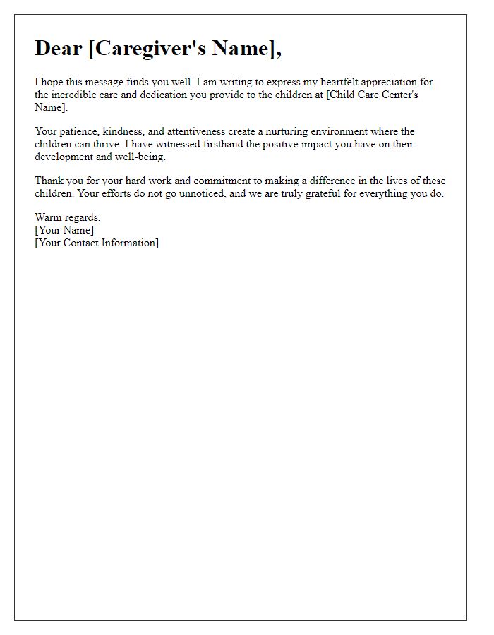 Letter template of appreciation for child care center caregivers