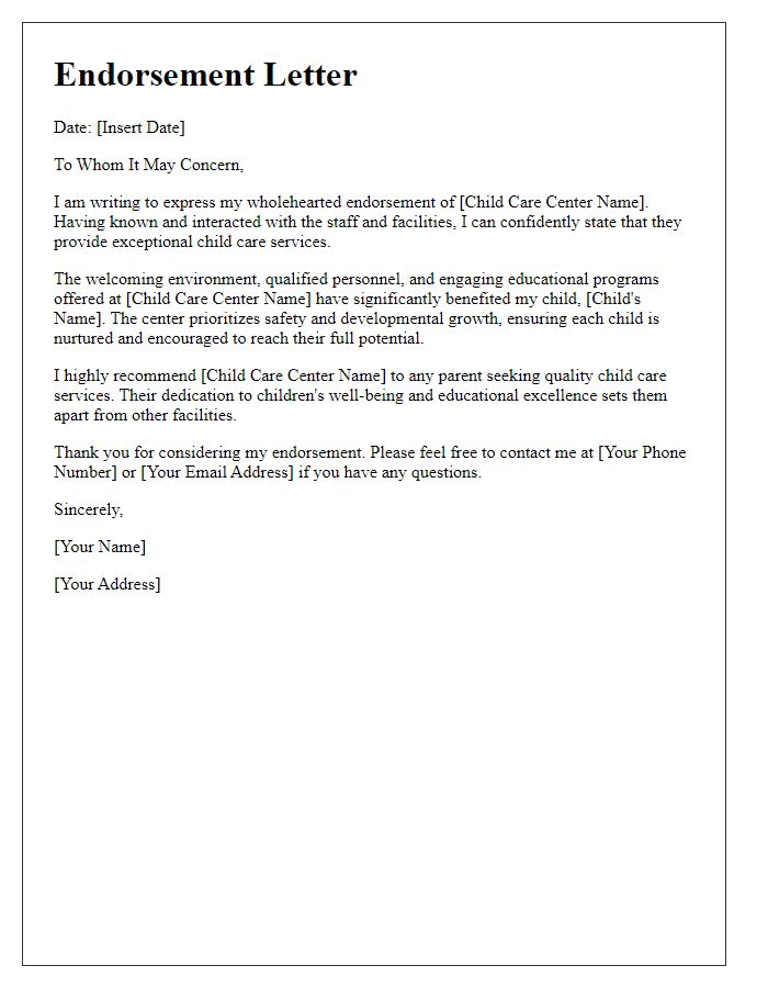 Letter template of endorsement for child care center services