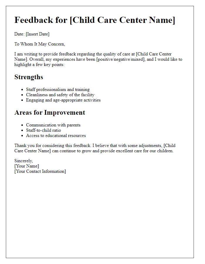 Letter template of feedback for child care center quality