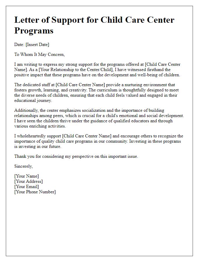 Letter template of support for child care center programs