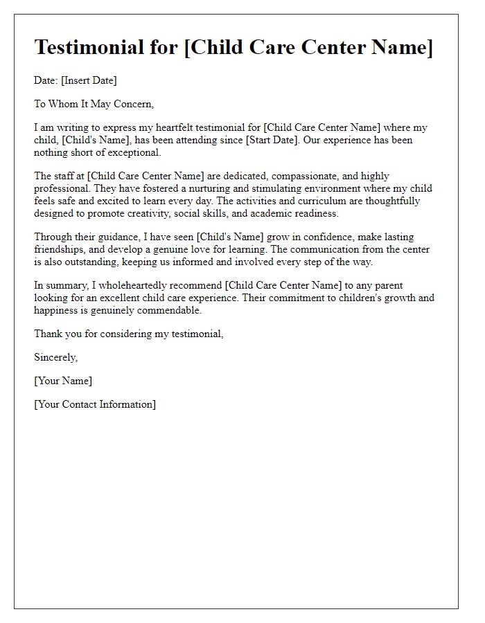 Letter template of testimonial for child care center experiences