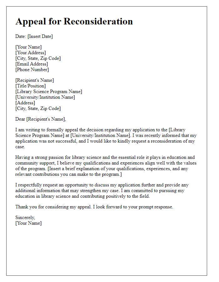 Letter template of appeal for reconsideration in library science program