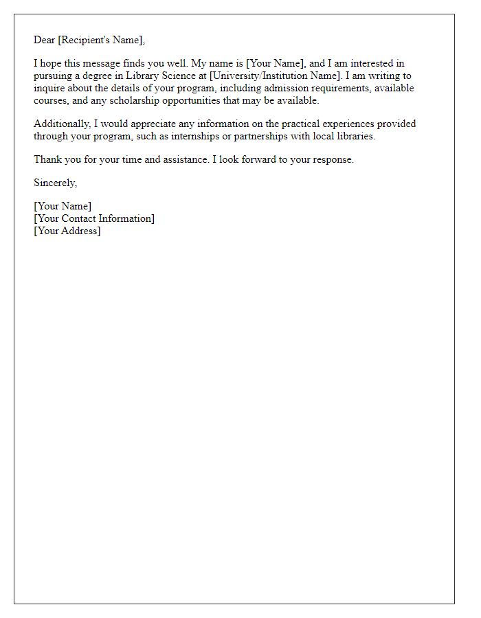 Letter template of inquiry about library science program