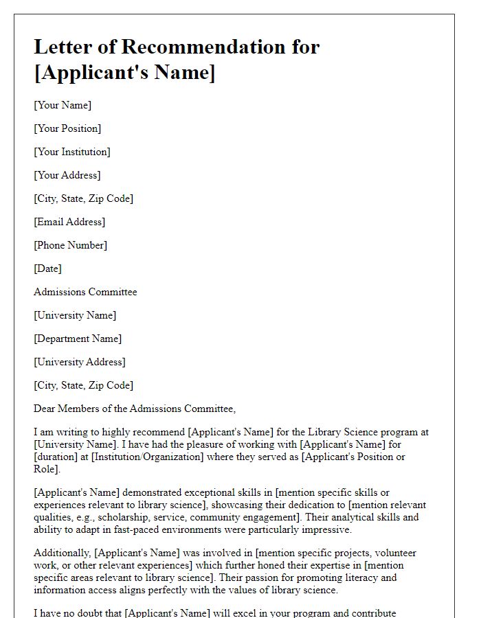 Letter template of recommendation for library science program