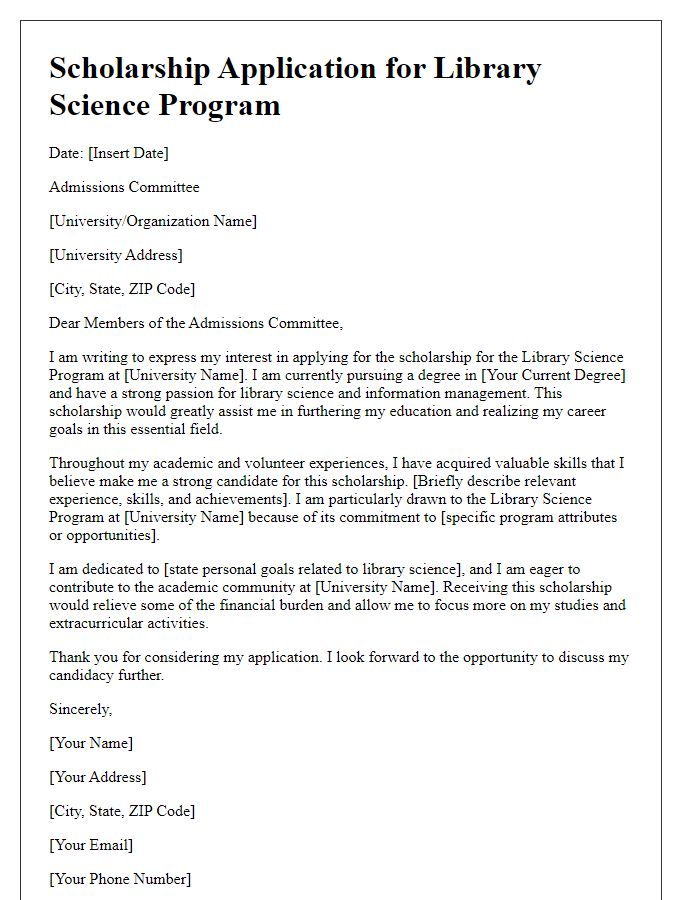 Letter template of scholarship application for library science program